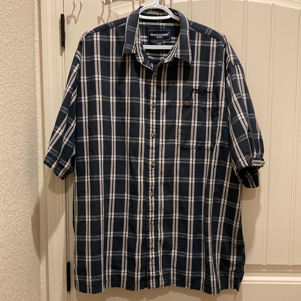 Phat Farm NYC Mens Sz XXL Button Up Shirt Plaid Short Sleeves Embroidered Logo
